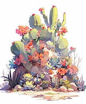 Whimsical Wilderness: Cartoon Depiction of a Vibrant Wasteland, Featuring Colorful Cactus