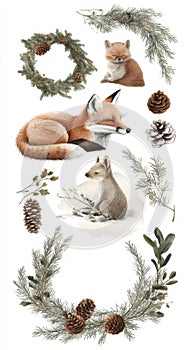 Whimsical winter scene featuring foxes, pinecones, and wreaths photo