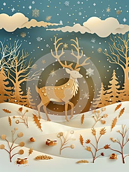 Whimsical Winter Wonderland Golden Reindeer in Magical Snowy Forestscape photo