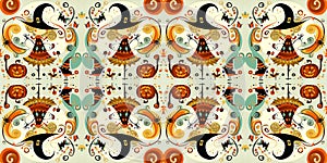 Whimsical witch offbeat Halloween pattern symmetrical wallpaper