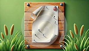 Whimsical Wooden Scrollboard with Ladybug, Cattails, and Green Background photo