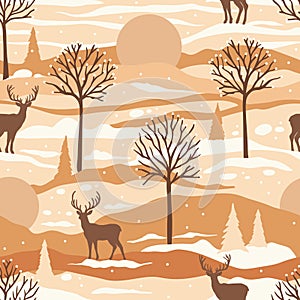 In a whimsical world of vibrant hues, deer in the winter forest of intricately drawn trees seamless vector pattern,