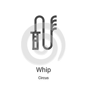 whip icon vector from circus collection. Thin line whip outline icon vector illustration. Linear symbol for use on web and mobile