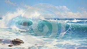 Whiplash Waves: A Realistic Fish-eye Lens Painting Of Ocean Waves Crashing Onto Rocks