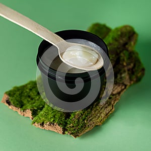 Whippe Homemade Butter Cream Organic Cosmetics with Herbal Ingredients Concept of the Organic Cosmetics Green Background