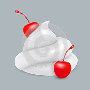 Whipped cream with cherries. Vector image.