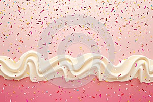 Whipped cream with colorful sprinkles on pink background.