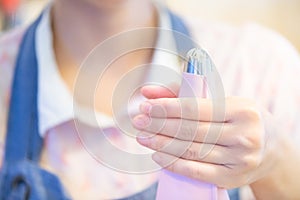 whipped cream cooking process.woman mixing Fresh cream for making whipped cream or desserts and bekery.woman making whipped cream