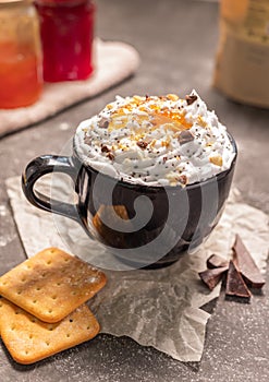 Whipped cream dessert with apricot jam cookies and chocolate