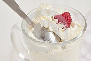 Whipped cream with fresh berry. Close up