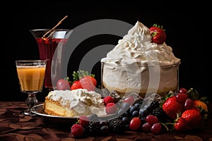 whipped cream and fruit garnishes beside a cheesecake