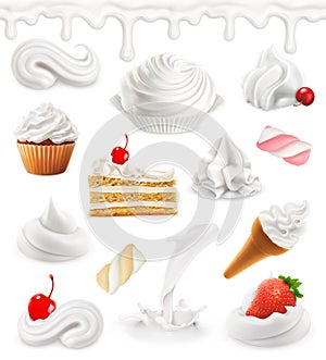 Whipped cream, milk, ice cream, cake, cupcake, candy. 3d vector icon set