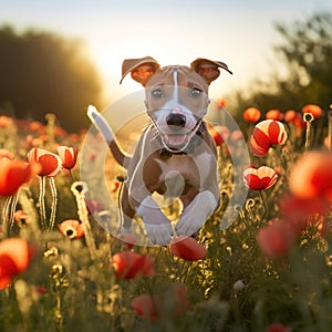 Whippet puppy running through a field of wildflowers in the golden hour by AI generated