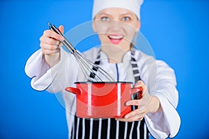 Whipping cream tips and tricks. Woman professional chef hold whisk and pot. Start slowly whisking whipping or beating