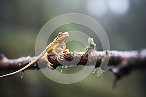 whiptail lizard darting up a smooth branch