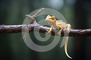 whiptail lizard darting up a smooth branch