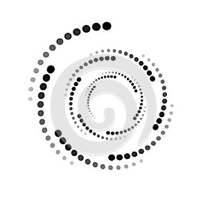 WHIRL DOTTED CIRCLE. HALFTONE DESIGN ELEMENTS. ISOLATED VECTOR ON WHITE BACKGROUND