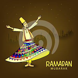 Whirling dervish performing religious dance on mosque silhouetted background for holy month of prayers Ramadan Kareem