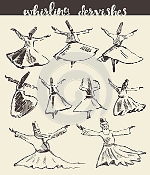 Whirling dervishes mevlana sufi hand drawn sketch