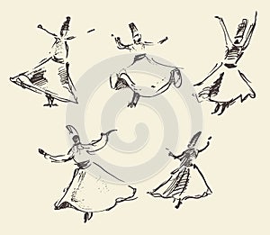 Whirling dervishes mevlana sufi hand drawn sketch