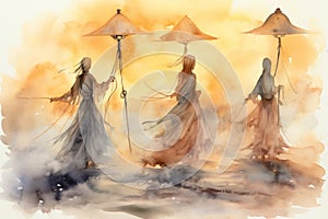 Whirling sandstorm djinns, granting three wishes to those who find their lamp - Generative AI