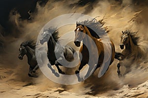 Whirling sandstorm horsemen, riding on gusts of wind with unrivaled speed - Generative AI