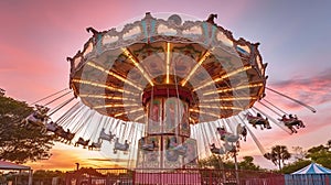 Whirling in Sunset Hues: The Mesmerizing Flight of a Pink Carousel Ride. Generative AI