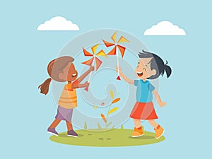 Whirling Wonder - Illustration of Children Playing with Pinwheels