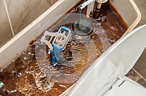 Whirlpool in the toilet storage tank. Actuation of the float valve. Scale on the walls of hard water