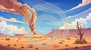 A whirlwind of sand in a desert sky cartoon illustration. A cyclone of sand with dust storm cyclone with dust weather