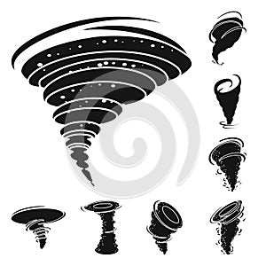 Whirlwind and tornado vector black icon set.Vector isolated illustration of swirl cyclone.Icon set of tornado ,twister