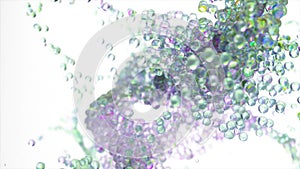 A whirlwind of transparent and colored water bubbles. Whirlpool. Bubbles. Water flow. Slow action. Purple. 3d animation