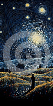 Whirly Starry Sky Painting With Couple In Wheat Field