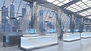 An AI-generated image an empty and silent check in counter at a modern airport