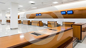 An AI-generated image an empty and silent check in counter at a modern airport