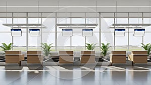 An AI-generated image an empty and silent check in counter at a modern airport