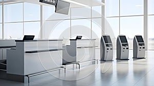 An AI-generated image an empty and silent check in counter at a modern airport