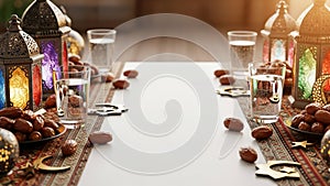 Ramadan table setting with lanterns and dates