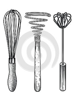 Whisk, retro, vintage, iron, metal, silicone, cookie, egg, beater, wire, cream, mousse, foam, manual, illustration, drawing