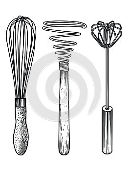 Whisk, retro, vintage, iron, metal, silicone, cookie, egg, beater, wire, cream, mousse, foam, manual, illustration, drawing photo