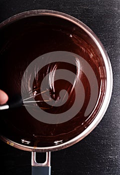 Whisk stirring chocolate in saucepan