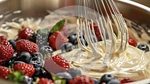 A whisk vigorously mixing fresh berries and whipped cream in a bowl