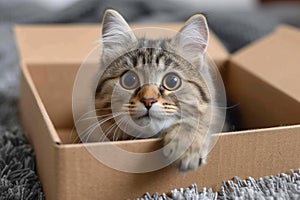 Whisker retreat Cute cat enjoys a box on the carpet