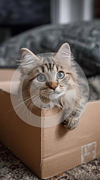 Whisker retreat Cute cat enjoys a box on the carpet