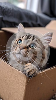 Whisker retreat Cute cat enjoys a box on the carpet