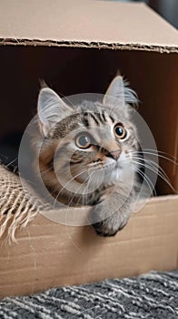 Whisker retreat Cute cat enjoys a box on the carpet