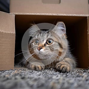 Whisker retreat Cute cat enjoys a box on the carpet
