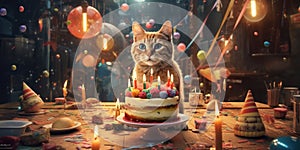 Whisker Wishes Kitten Celebration with Candles and Treats. Generative AI
