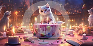 Whisker Wishes Kitten Celebration with Candles and Treats. Generative AI