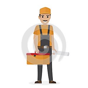 Whiskered Erector in Black Overalls Holds Tool Box